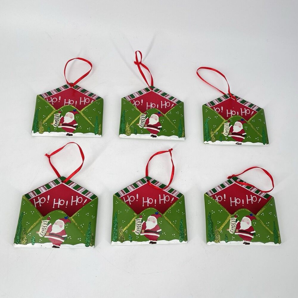 Set of 6 HO HO HO Christmas Envelope Ornaments Hard Plastic Santa Holiday Decor